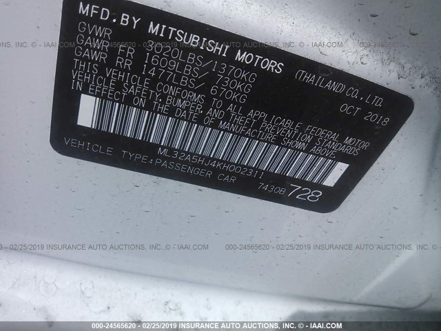 ML32A5HJ4KH002311 - 2019 MITSUBISHI MIRAGE GT WHITE photo 9