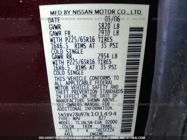 5N1BV28U97N101494 - 2007 NISSAN QUEST S/SE/SL RED photo 9