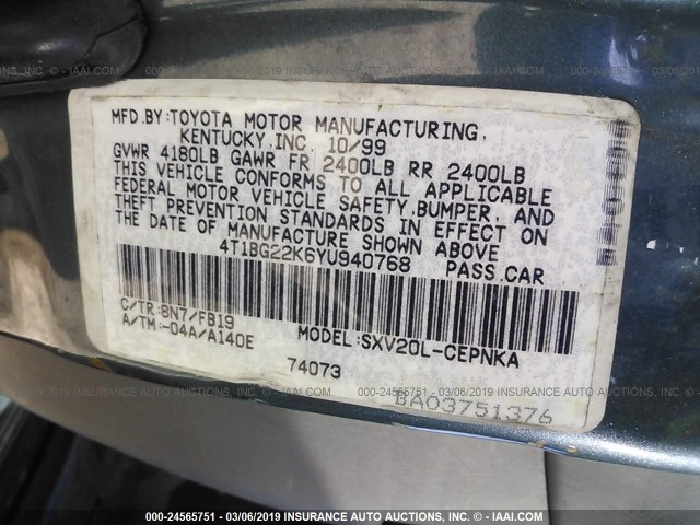 4T1BG22K6YU940768 - 2000 TOYOTA CAMRY CE/LE/XLE GREEN photo 9