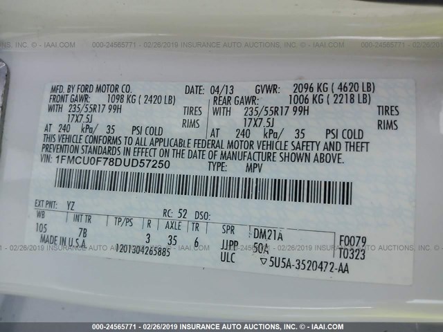 1FMCU0F78DUD57250 - 2013 FORD ESCAPE S WHITE photo 9