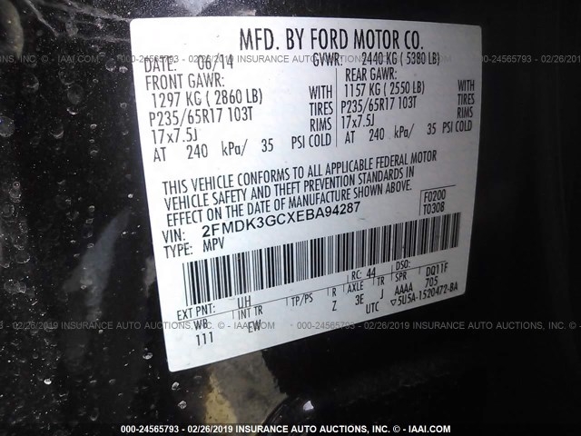 2FMDK3GCXEBA94287 - 2014 FORD EDGE SE BLACK photo 9