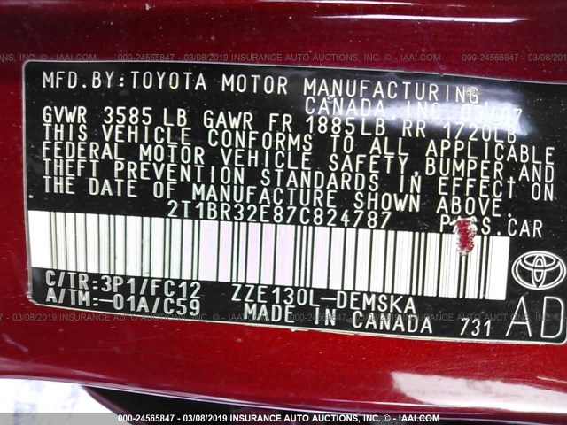 2T1BR32E87C824787 - 2007 TOYOTA COROLLA CE/LE/S RED photo 9