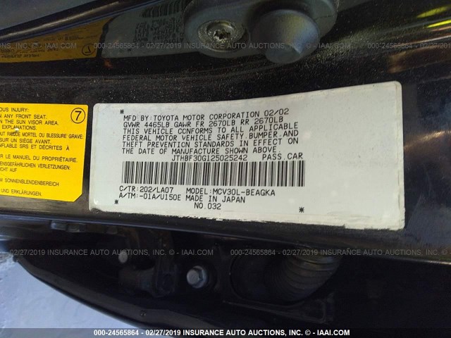 JTHBF30G125025242 - 2002 LEXUS ES 300 BLACK photo 9