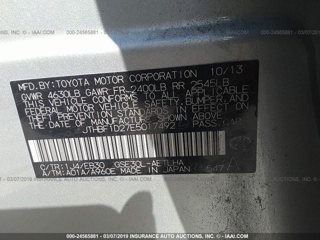 JTHBF1D27E5017492 - 2014 LEXUS IS 250 SILVER photo 9