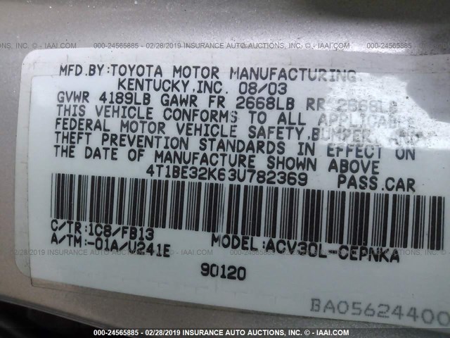4T1BE32K63U782369 - 2003 TOYOTA CAMRY LE/XLE/SE RED photo 9