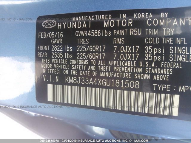 KM8J33A4XGU181508 - 2016 HYUNDAI TUCSON LIMITED/SPORT AND ECO/SE BLUE photo 9