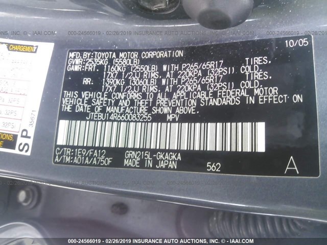 JTEBU14R660083255 - 2006 TOYOTA 4RUNNER SR5/SPORT GRAY photo 9