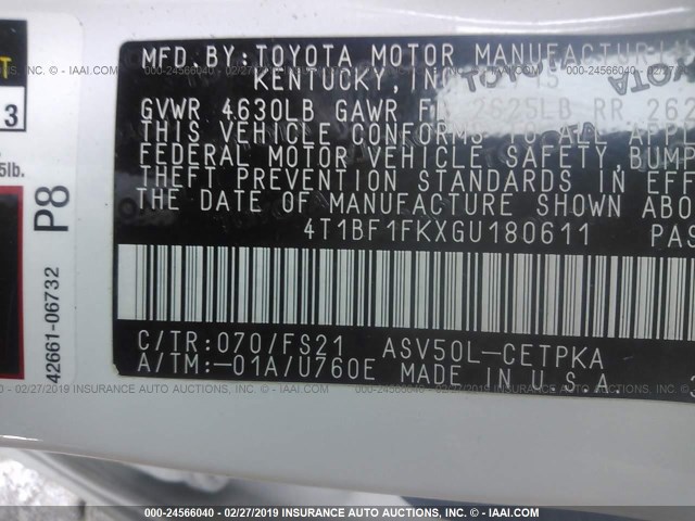 4T1BF1FKXGU180611 - 2016 TOYOTA CAMRY LE/XLE/SE/XSE WHITE photo 9