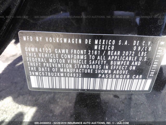 3VWC57BU2KM104932 - 2019 VOLKSWAGEN JETTA S/SE/R-LINE BLACK photo 9