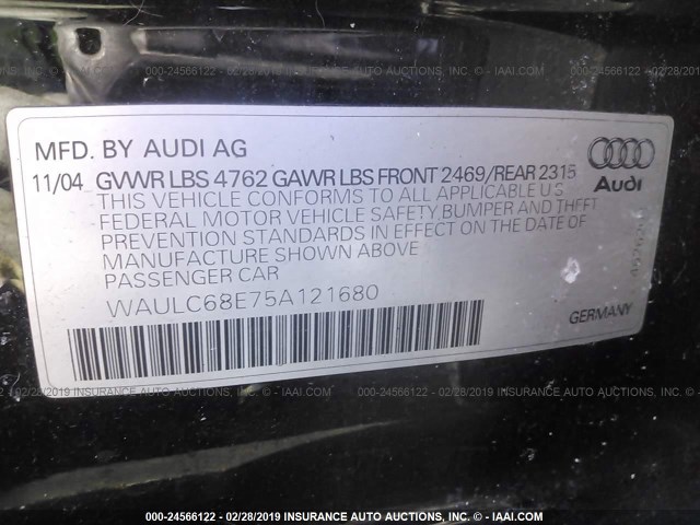 WAULC68E75A121680 - 2005 AUDI A4 1.8T QUATTRO/SPECIAL BLACK photo 9