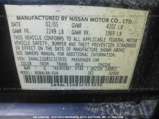 1N4AL11D85C323050 - 2005 NISSAN ALTIMA S/SL BLUE photo 9