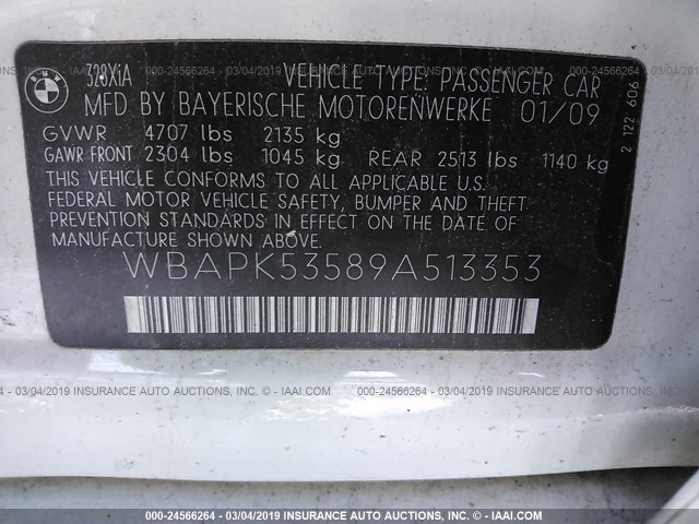 WBAPK53589A513353 - 2009 BMW 328 XI SULEV WHITE photo 9