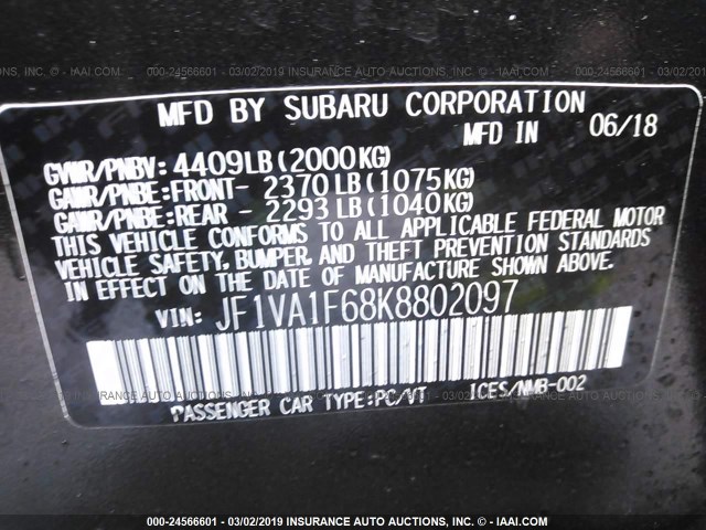 JF1VA1F68K8802097 - 2019 SUBARU WRX LIMITED GRAY photo 9