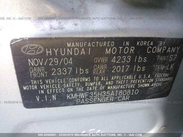 KMHWF35H35A180810 - 2005 HYUNDAI SONATA GLS/LX SILVER photo 9