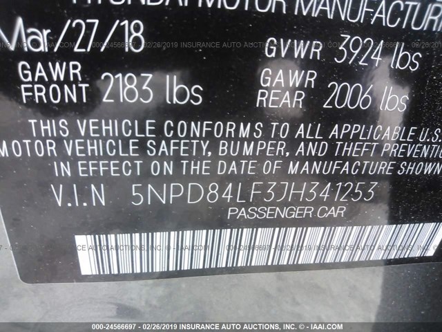 5NPD84LF3JH341253 - 2018 HYUNDAI ELANTRA SEL/VALUE/LIMITED GRAY photo 9