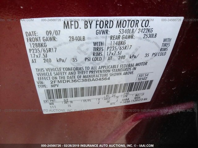 2FMDK36C38BA04564 - 2008 FORD EDGE SE RED photo 9