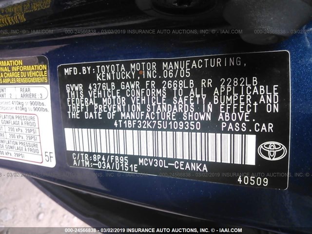 4T1BF32K75U109350 - 2005 TOYOTA CAMRY LE/XLE/SE BLUE photo 9