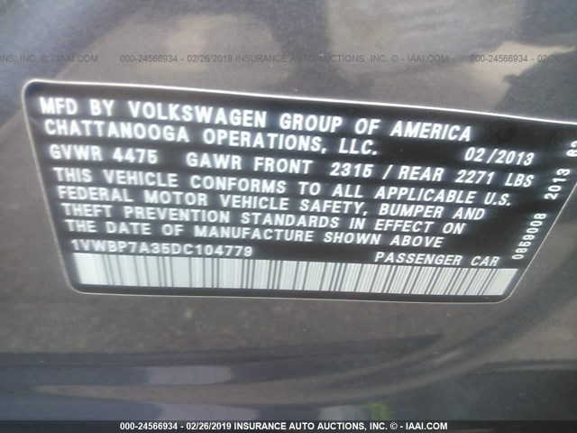 1VWBP7A35DC104779 - 2013 VOLKSWAGEN PASSAT SE GRAY photo 9