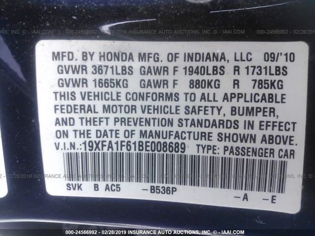 19XFA1F61BE008689 - 2011 HONDA CIVIC LX-S Mavi foto 9