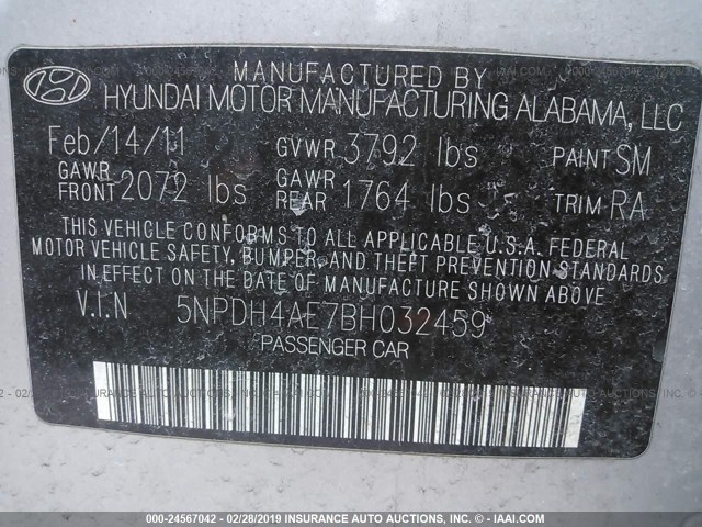 5NPDH4AE7BH032459 - 2011 HYUNDAI ELANTRA GLS/LIMITED SILVER photo 9