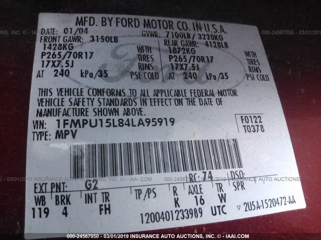 1FMPU15L84LA95919 - 2004 FORD EXPEDITION XLT RED photo 9