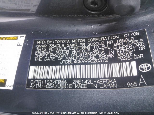 JTDBL40E999020372 - 2009 TOYOTA COROLLA LE/XLE GRAY photo 9