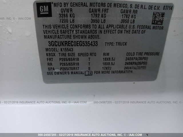 3GCUKREC0EG535433 - 2014 CHEVROLET SILVERADO K1500 LT WHITE photo 9