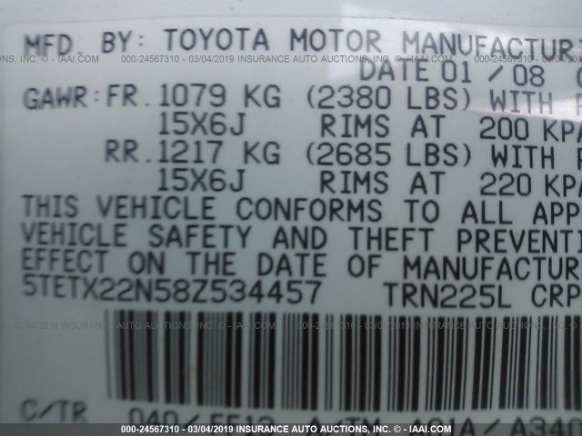 5TETX22N58Z534457 - 2008 TOYOTA TACOMA ACCESS CAB თეთრი ფოტო 9