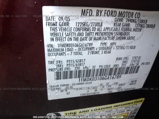 1FMDK03106GA16789 - 2006 FORD FREESTYLE LIMITED BURGUNDY photo 9