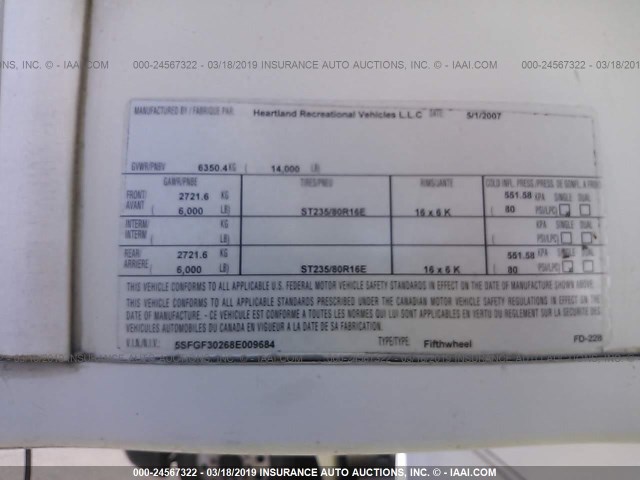 5SFGF30268E009684 - 2008 HEARTLAND BIG COUNTR  白色 照片 9