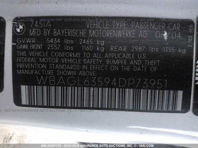 WBAGL63594DP73951 - 2004 BMW 745 I GRAY photo 9