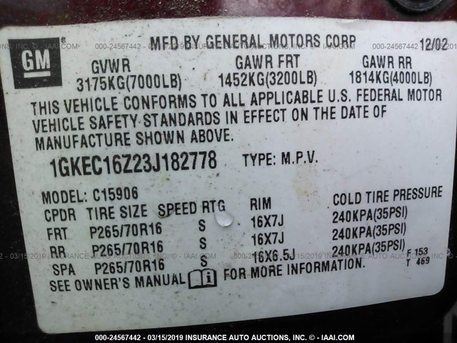 1GKEC16Z23J182778 - 2003 GMC YUKON XL C1500 BURGUNDY photo 9