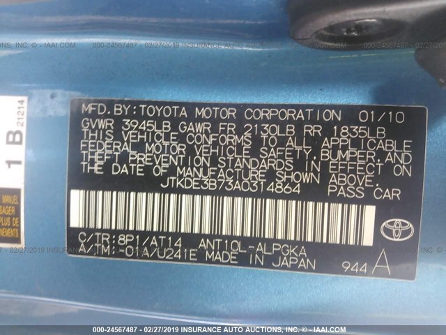 JTKDE3B73A0314864 - 2010 TOYOTA SCION TC ღია ლურჯი ფოტო 9