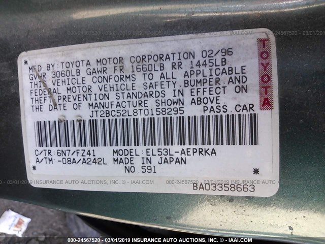 JT2BC52L8T0158295 - 1996 TOYOTA TERCEL DX GREEN photo 9