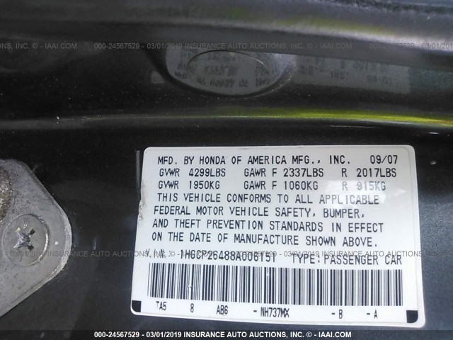 1HGCP26488A006151 - 2008 HONDA ACCORD LXP GRAY photo 9