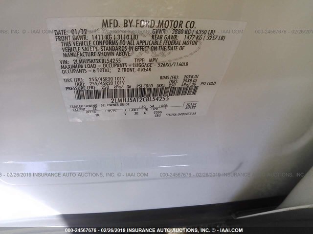 2LMHJ5AT2CBL54255 - 2012 LINCOLN MKT WHITE photo 9