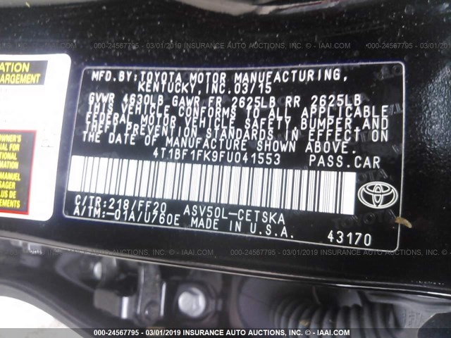 4T1BF1FK9FU041553 - 2015 TOYOTA CAMRY LE/XLE/SE/XSE 黑色 照片 9