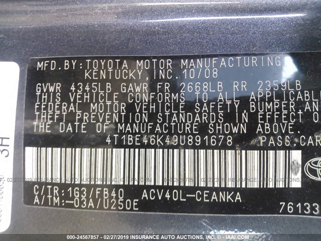 4T1BE46K49U891678 - 2009 TOYOTA CAMRY SE/LE/XLE 灰色 照片 9