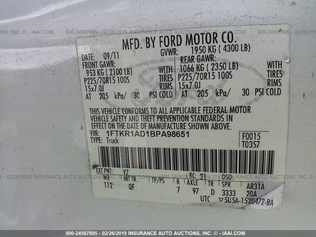 1FTKR1AD1BPA98651 - 2011 FORD RANGER WHITE photo 9