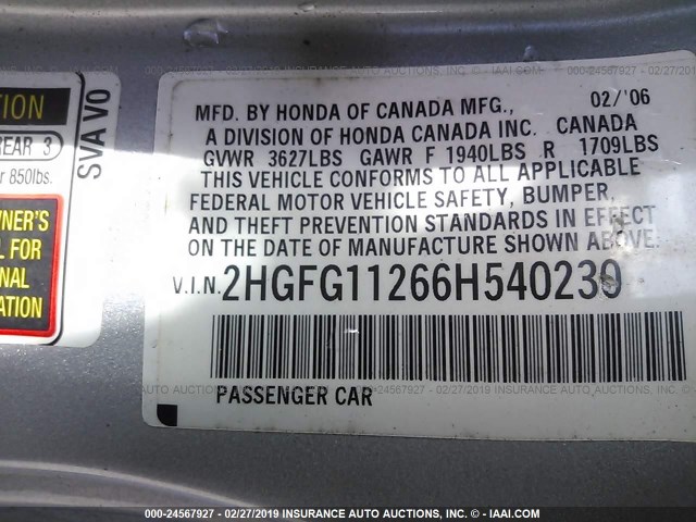 2HGFG11266H540230 - 2006 HONDA CIVIC DX SILVER photo 9