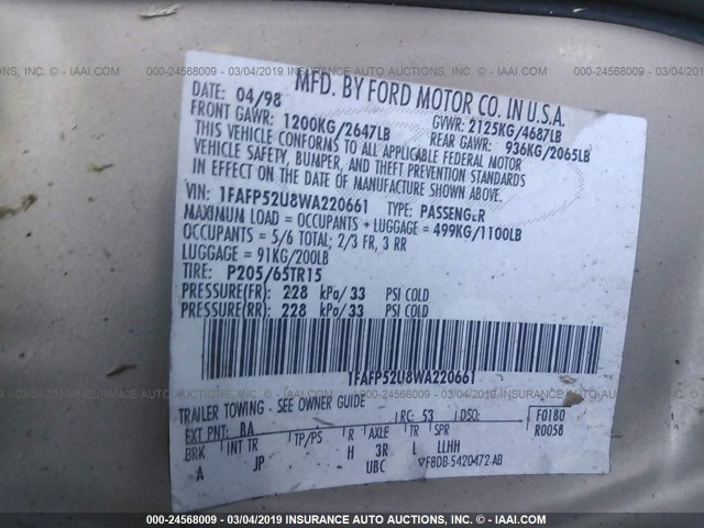 1FAFP52U8WA220661 - 1998 FORD TAURUS LX/SE GOLD photo 9