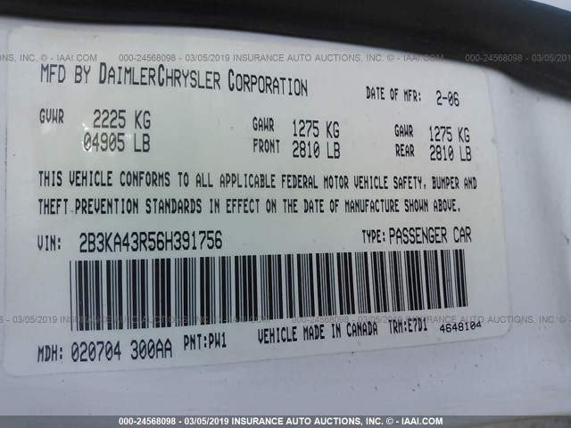 2B3KA43R56H391756 - 2006 DODGE CHARGER SE/SXT WHITE photo 9