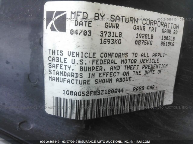 1G8AG52F83Z180644 - 2003 SATURN ION LEVEL 1 WHITE photo 9