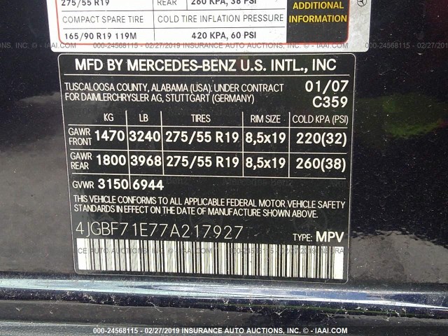 4JGBF71E77A217927 - 2007 MERCEDES-BENZ GL 450 4MATIC BLUE photo 9