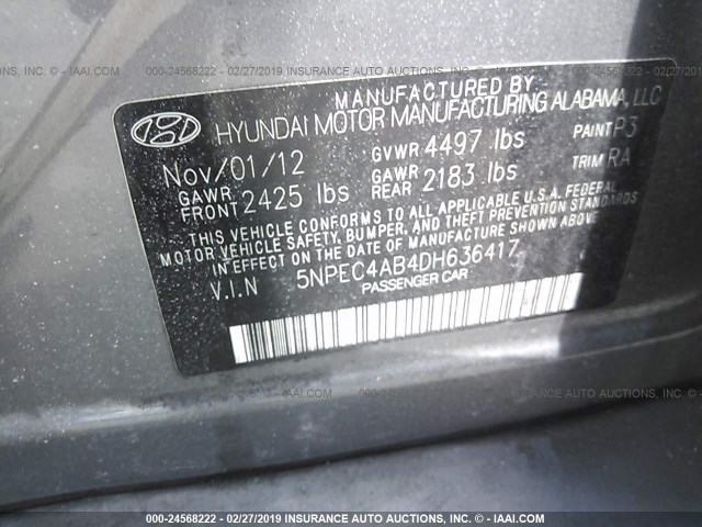 5NPEC4AB4DH636417 - 2013 HYUNDAI SONATA SE/LIMITED GRAY photo 9