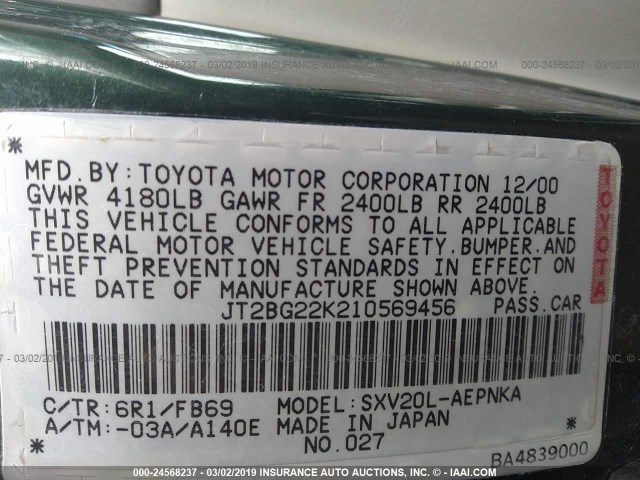 JT2BG22K210569456 - 2001 TOYOTA CAMRY CE/LE/XLE GREEN photo 9