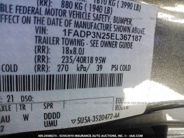 1FADP3N25EL367187 - 2014 FORD FOCUS TITANIUM SILVER photo 9