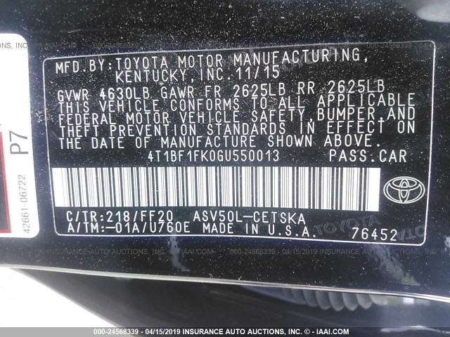 4T1BF1FK0GU550013 - 2016 TOYOTA CAMRY LE/XLE/SE/XSE BLACK photo 9