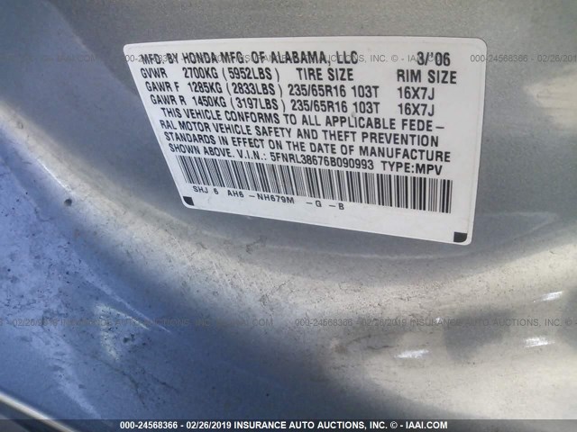 5FNRL38676B090993 - 2006 HONDA ODYSSEY EXL BLUE photo 9