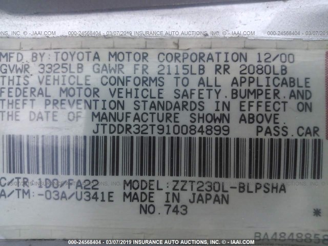 JTDDR32T910084899 - 2001 TOYOTA CELICA GT SILVER photo 9